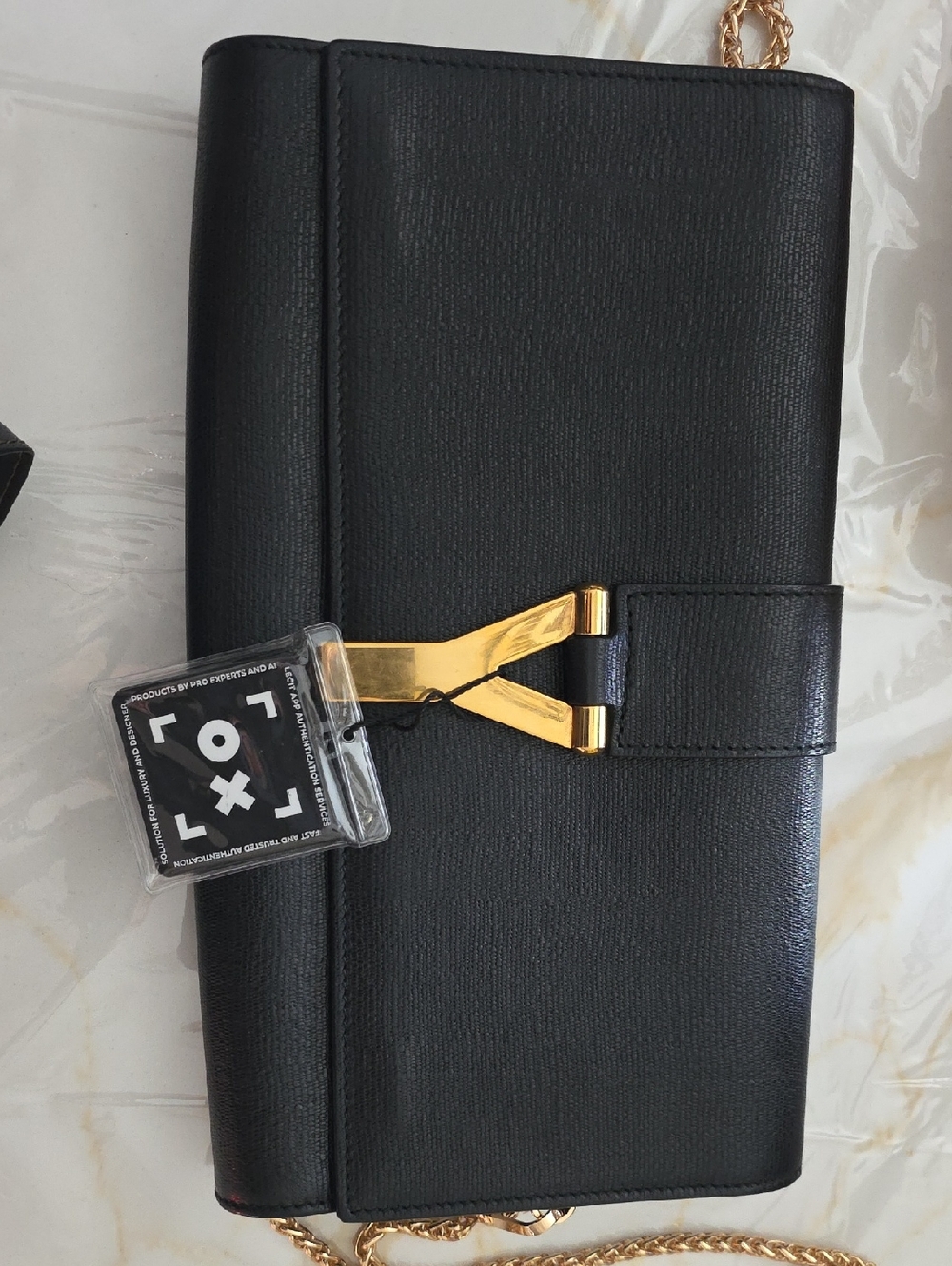 Yves Saint Laurent Black Leather Clutch with Y Gold Hardware